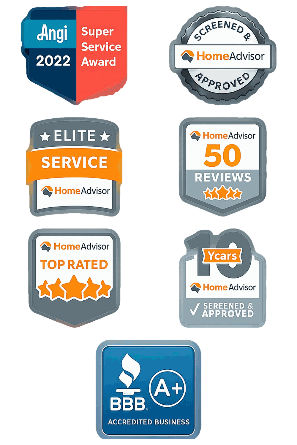 Awards and accreditations: Angi Super Service Award 2022, HomeAdvisor Screened & Approved, HomeAdvisor Elite Service, HomeAdvisor 50 Reviews, HomeAdvisor Top Rated, HomeAdvisor 10 Years Screened & Approved, and BBB A+ Accredited Business