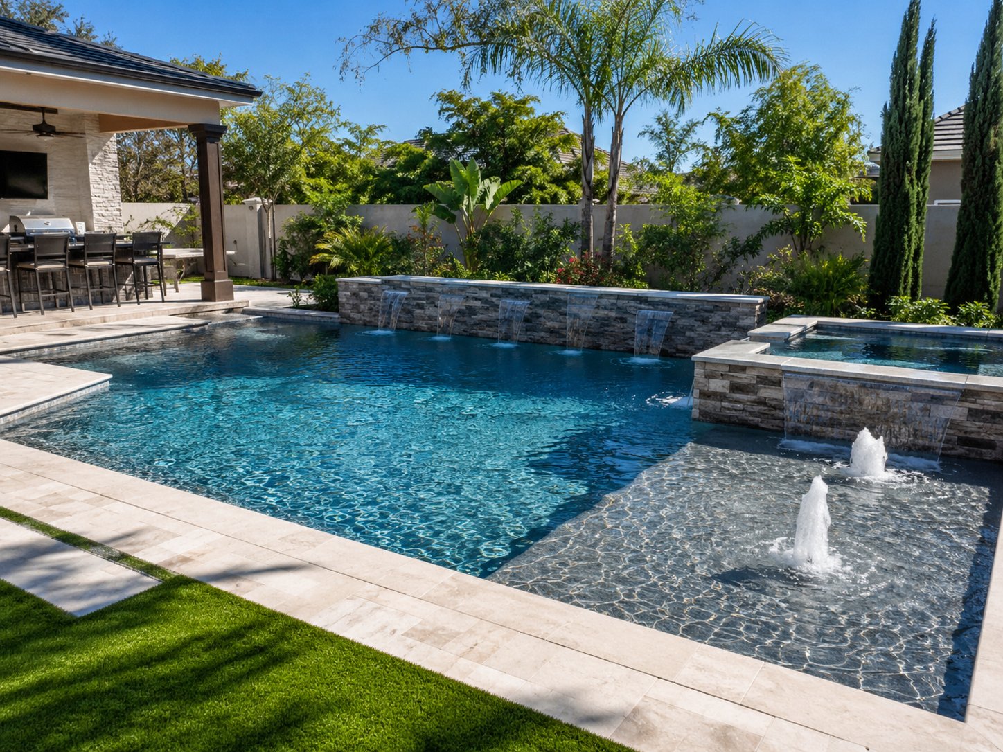 Modern remodeled pool with waterfalls and spa